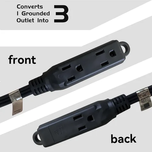 Vista 4 de Cable de extensión de enchufe plano de 3 tomas, certificado UL, cable de extensión para interiores de 16 calibre 1 pie negro de 3 puntas, tira