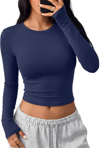 Vista 24 de Trendy Queen Camisetas cortas de manga larga para mujer, camisetas básicas Blanco