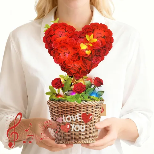 Vista 10 de MZD8391 Tarjetas de cumpleaños con música y luces, tarjeta de feliz cumpleaños, oso y margarita, ramo de flores de tamaño natural de 10 pulgadas