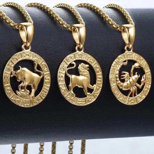 Vista 3 de Collar con colgante de signo del zodiaco chapado en oro para mujeres y hombres, Leo Aries, colgante de horóscopo de constelación de acero