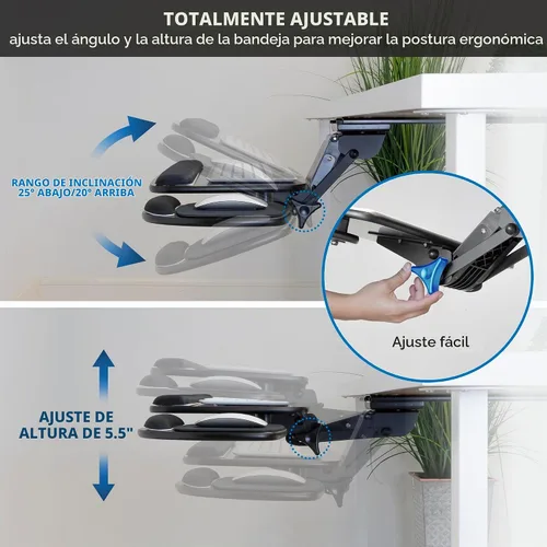 Vista 4 de Mount-It! Bandeja para teclado debajo del escritorio de movimiento completo con soporte para muñeca Plataforma de teclado deslizable ergonómica