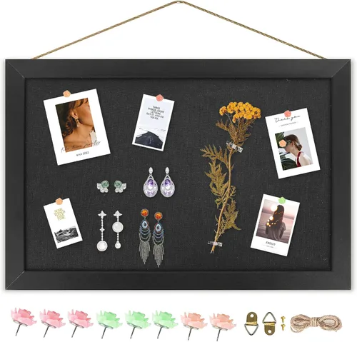 Vista 21 de AKTOP - Juego de 2 pizarras de corcho negro con lino de 16.7" X 11", pequeño tablero de anuncios con marco para pared, tablero decorativo