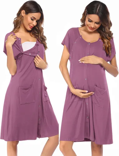 Vista 15 de Ekouaer - Vestido de maternidad 3 en 1 para trabajo de parto/hospital, camisón de lactancia, ropa de dormir para amamantar con botones S-XXL A-Negro