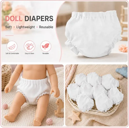 Vista 8 de 12 pañales para muñecas de bebé, ropa interior blanca para muñecas de 5 a 7 pulgadas, pañales reutilizables para muñecas recién nacidas, accesorios