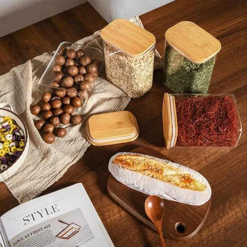 Vista 6 de D2scrma Contenedores herméticos rectangulares de vidrio de 37 onzas con tapas de bambú (juego de 4), tarro cuadrado de almacenamiento de alimentos