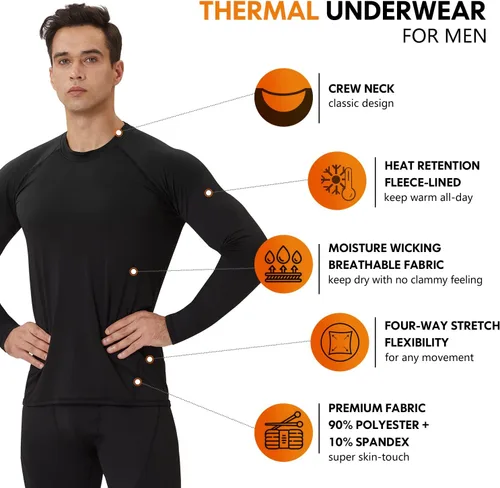 Vista 2 de CL convallaria Ropa interior térmica para hombre, ropa interior larga con forro polar, capa base para clima frío, XS-4XL