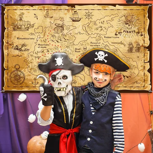 Vista 6 de Blulu Decoraciones de fiesta pirata, mapa del tesoro de Halloween, tema pirata, telón de fondo, joyería, mapa, pancarta, fotografía para Halloween
