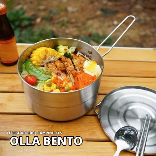 Vista 4 de DenpenTEC - Olla de acero inoxidable con tapa y mango plegable, olla Bento de gran capacidad de 1.5 L para acampar y senderismo