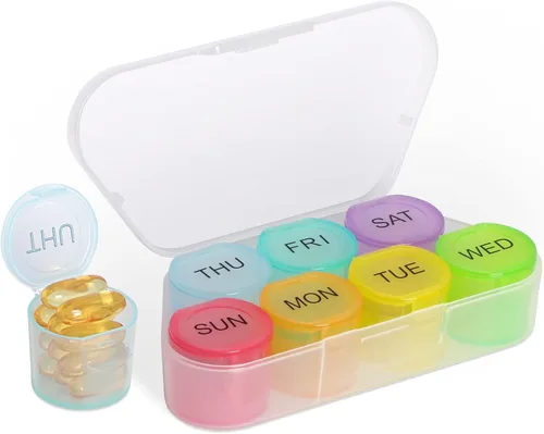 Vista 8 de NatureTouch Organizador semanal de píldoras, organizador de medicamentos sin BPA, arco iris, 7 días, pastillero portátil diario para pastillas