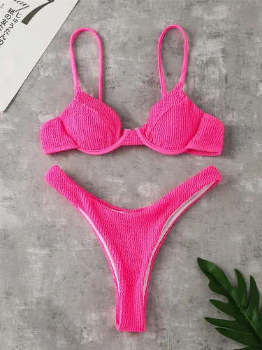 Vista 2 de MakeMeChic Trajes de baño de 2 piezas para mujer, conjunto de bikini de corte alto sólido con aros