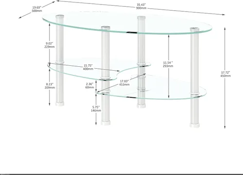 Vista 3 de Mesa de centro ovalada de cristal, moderna mesa de centro transparente con estante inferior, patas de madera, mesa auxiliar auxiliar para sala