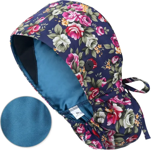 Vista 47 de QBA Gorra de trabajo ajustable con botón, gorro forrado de satén, gorro de trabajo de algodón, banda elástica para atar en la espalda, unisex