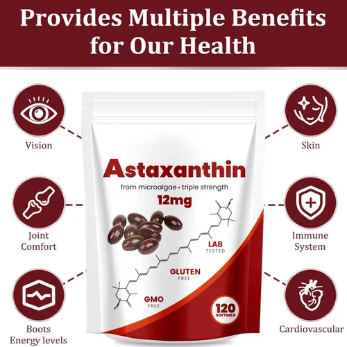 Vista 2 de Astaxantina de 12 mg, antioxidante natural, apoya el sistema inmunológico, microalgas frescas para la piel ojo y la salud de la circulación interna