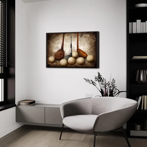 Vista 2 de sechars Lienzo deportivo para pared, diseño vintage de pelotas de golf, impresiones artísticas de naturaleza muerta con marco negro de alta calidad