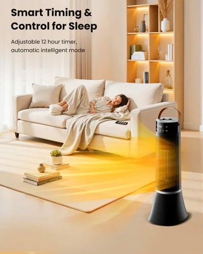 Vista 3 de Calentador de espacio para uso en interiores, calentador eléctrico PTC de 1500 W con control remoto, oscilación ancha de 75°, temporizador de 12
