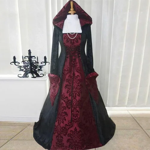 Vista 2 de Disfraces renacentistas para mujer, sexy, vintage, manga acampanada, dobladillo grande, vestidos largos de moda, vestido gótico de Halloween