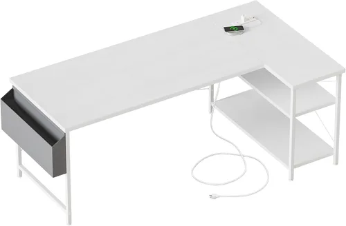 Vista 33 de Mericonia Escritorio pequeño en forma de L para computadora con tomas de corriente, escritorio de juegos para espacios pequeños, escritorio