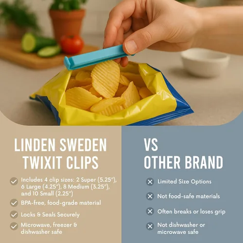 Vista 6 de Linden Sweden Twixit - Clips para bolsas – Mantén los alimentos frescos, evita derrames – Sella fácilmente bolsas congeladas con fecha – Clips