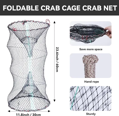 Vista 3 de 3 Pcs Foldable Fishing Net Accessories for Crab Crayfish Shrimp:Fishing Landing Net with Telescoping Pole Handle, Collapsible Crab Trap Hexagon and