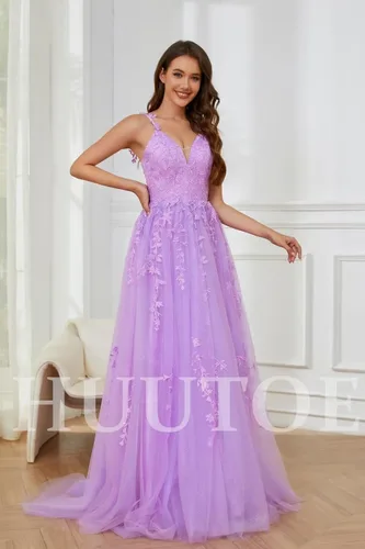 Vista 9 de Vestidos de graduación de tul con purpurina, cuello en V, apliques de encaje, vestidos largos de baile para mujer, vestidos formales de tirantes