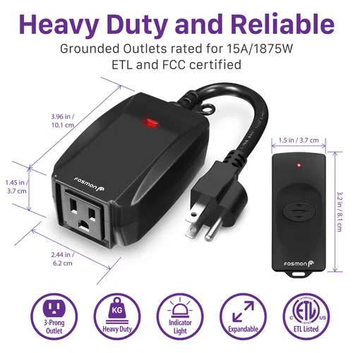 Vista 3 de Fosmon - Salida eléctrica con control remoto para interiores y exteriores con 2 mandos a distancia inalámbricos, enchufe eléctrico con interruptor