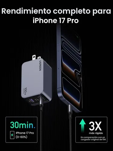 Vista 5 de UGREEN Nexode Pro 100W GaN Cargador de pared USB C, Cargador PPS compacto de 3 puertos y rápido para MacBook Pro/Air, Pixelbook, iPad, serie iPhone