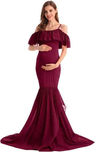Vista 19 de MYRISAM Vestido de maternidad con volantes y hombros descubiertos para mujer, vestido de fiesta de sirena de gasa, vestido ajustado