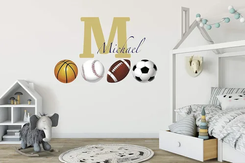 Vista 6 de Calcomanía de pared con nombre personalizado con inicial y pelotas deportivas, decoración artística de pared de fútbol, béisbol, baloncesto, fútbol