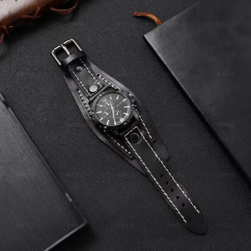 Vista 7 de MINILUJIA Hecho a mano cosido con cuerda de cera para hombre, relojes vintage punk hiphop gótico ancho de cuero genuino brazalete redondo de cuarzo