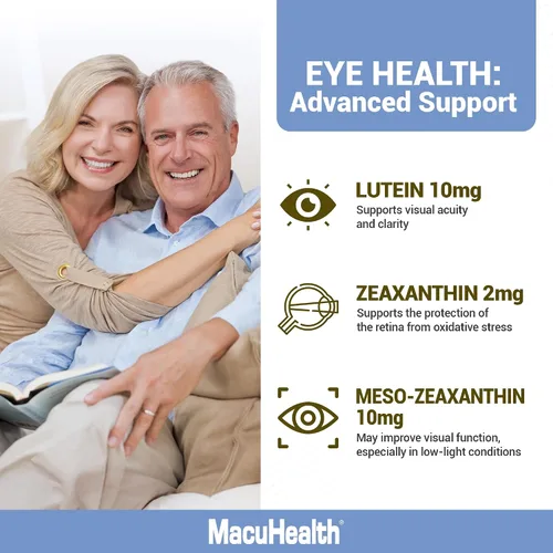 Vista 5 de Macuhealth Plus+ Suplemento de vitaminas para los ojos para adultos, suministro para 90 días con luteína, zeaxantina y meso-zeaxantina, sin sabor