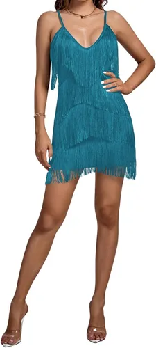 Vista 6 de Umenlele Minivestido sin mangas con flecos en capas y cuello en V profundo para mujer