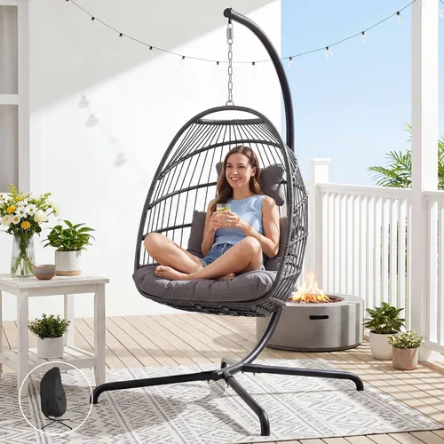 Vista 15 de NICESOUL Cómoda y cómoda silla de mimbre para exteriores con soporte, sillas plegables para patio con cojín, hamaca resistente de 350 libras