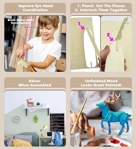 Vista 3 de Puzzled Rompecabezas 3D de madera de ciervo, kit de modelo de construcción de manualidades, divertido, único y educativo, juguete de madera