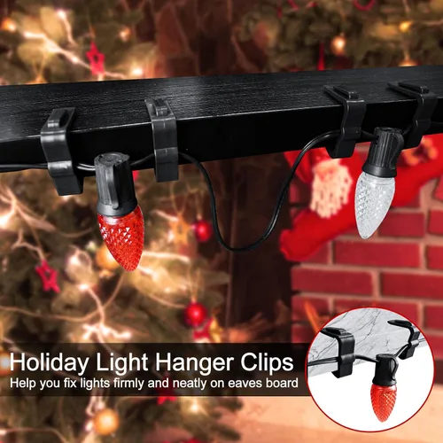 Vista 4 de 50 ganchos para colgar luces navideñas, 1.62 pulgadas, clips de tablero, clips negros de plástico para luces navideñas C7, C9, mini cadena de luces