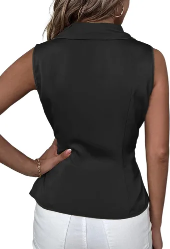 Vista 2 de Rooscier Blusa de satén con cuello en V para mujer, sin mangas, asimétrica, elegante, sin mangas