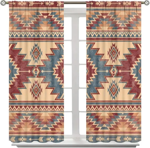 Vista 376 de Cortinas con patrón geométrico tribal, estilo suroeste, azteca, rústico, occidental, nativo americano, opacas, con bolsillo para barra, decoración