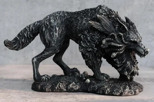 Vista 2 de Ebros Gift Estatua de Fenrir de mitología nórdica vikinga con acabado de piedra sintética, 8.25 pulgadas de largo, figura de lobo gigante Vánagandr