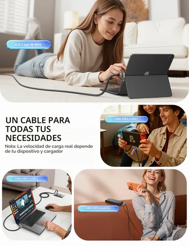 Vista 5 de MAGIC JOHN Cable de carga 240W 4 en 1, 4 pies USB C a Lightning [Certificado MFi], cargadores múltiples para todos los dispositivos, USB A/C grueso
