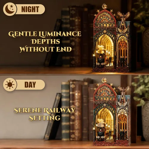 Vista 6 de Rompecabezas de madera 3D, kit de rincón de libro, estación de tren mágico with LED Lights & Music, Miniature Wood Puzzle Kits Bookshelf Decor