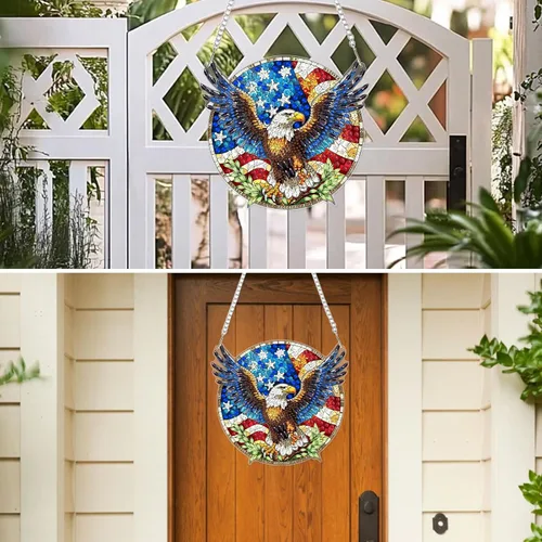 Vista 3 de MXJSUA Atrapasoles con pintura de diamante de águila calva americana, kits de arte de diamantes para adultos, adornos colgantes con cadena