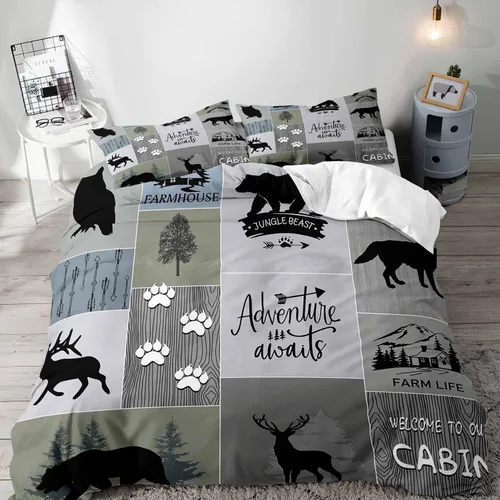 Vista 24 de LUVIVIHOME 2 piezas de funda de edredón con diseño de osos, alces y ciervos en negro, juego de cama individual, ropa de cama rústica de estilo La