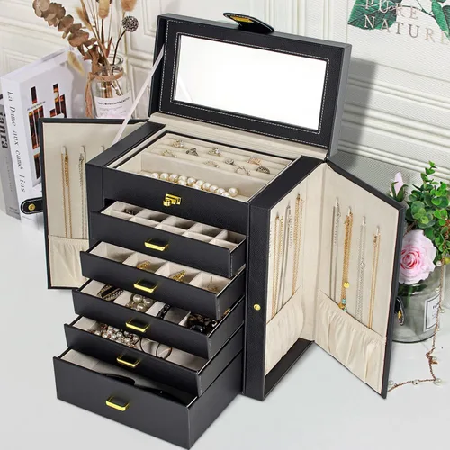 Vista 7 de AKOZLIN Joyero grande organizador funcional con cerradura con espejo grande, estuche de almacenamiento de joyas de cuero para mujeres y niñas