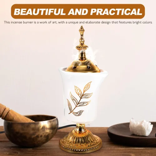Vista 6 de Holibanna Quemador de incienso eléctrico, estilo de Oriente Medio, incensario de escritorio para yoga, spa, aromaterapia, decoración del hogar
