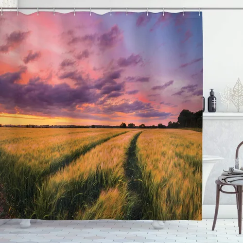 Vista 51 de Ambesonne Decor Collection, juego de cortina con ganchos para regadera Amarillo y marrón