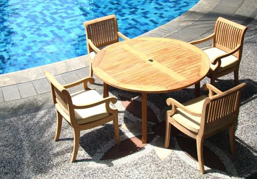 Vista 2 de Juego de comedor de madera de teca Grade-A de 4 plazas y 5 piezas de madera de teca de grado A: mesa redonda de 48 pulgadas y 4 sillas Giva