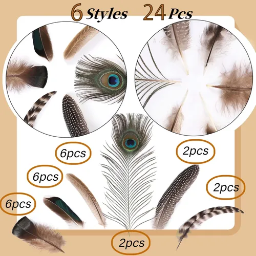 Vista 3 de Holmgren 24 piezas de plumas naturales al por mayor - 6 estilos surtidos de pavo real, faisán, pavo para manualidades, joyería DIY, sombreros