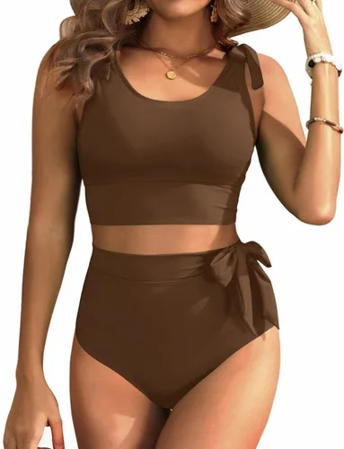 Vista 29 de Trajes de baño de dos piezas de cintura alta - Bikini con control de abdomen para mujer, traje de baño modesto 2 piezas 2025 Hot Red