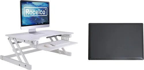 Vista 11 de Rocelco - Convertidor de escritorio para trabajar de pie con altura ajustable de 32 pulgadas - Bandeja retráctil deslizable - Elevador de monitor
