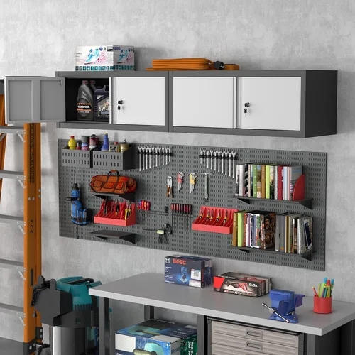 Vista 9 de Gabinete de almacenamiento de metal con cerradura, gabinete de pared de garaje de 12.8" H, almacenamiento de acero con puertas, organización
