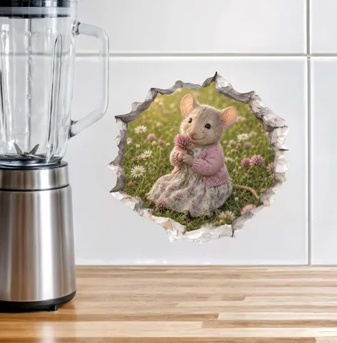 Vista 4 de Wallington Mice - Calcomanía de pared con efecto 3D con diseño de flores, diseño de agujero de ratón